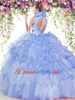 Blue Ball Gowns Beading and Ruffled Layers Quinceanera Dresses Backless Organza Sleeveless Floor Length