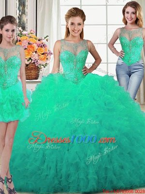 Traditional Three Piece Scoop Turquoise Sleeveless Floor Length Beading and Ruffles Lace Up Quince Ball Gowns
