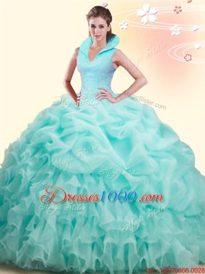 Apple Green High-neck Backless Beading and Ruffles and Pick Ups Quinceanera Dresses Brush Train Sleeveless
