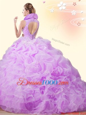 Apple Green High-neck Backless Beading and Ruffles and Pick Ups Quinceanera Dresses Brush Train Sleeveless