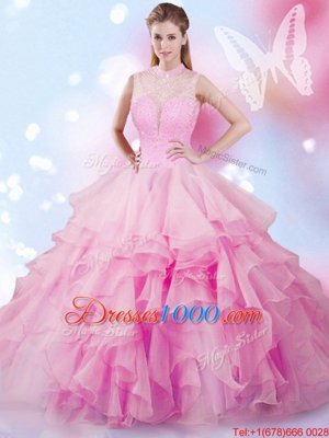 Perfect Rose Pink Tulle Lace Up High-neck Sleeveless Floor Length Sweet 16 Dress Beading and Ruffles