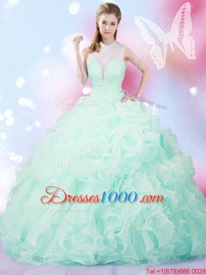 Customized Floor Length Apple Green 15 Quinceanera Dress Organza Sleeveless Beading and Ruffles and Pick Ups