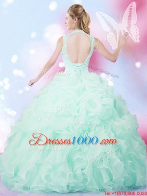 Customized Floor Length Apple Green 15 Quinceanera Dress Organza Sleeveless Beading and Ruffles and Pick Ups