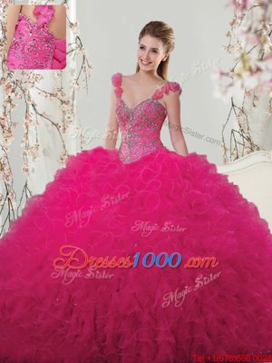 Straps Straps Beading and Ruffles and Hand Made Flower Sweet 16 Quinceanera Dress Hot Pink Lace Up Sleeveless Floor Length