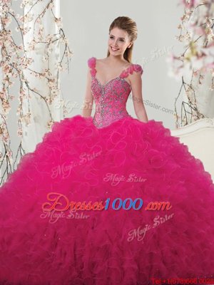 Straps Straps Beading and Ruffles and Hand Made Flower Sweet 16 Quinceanera Dress Hot Pink Lace Up Sleeveless Floor Length