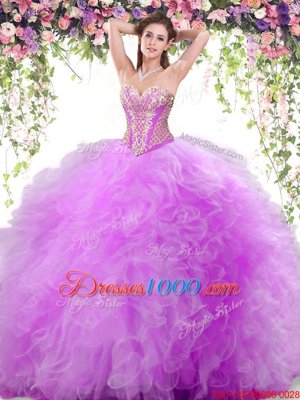 Attractive Lilac Quince Ball Gowns Military Ball and Sweet 16 and Quinceanera and For with Beading and Ruffles Sweetheart Sleeveless Lace Up