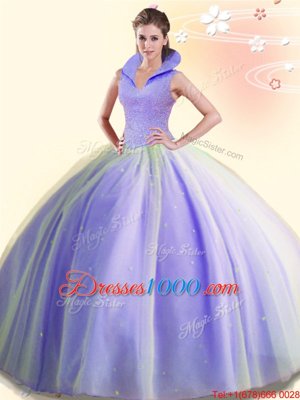 Fabulous Ball Gowns Quinceanera Gowns Lavender High-neck Tulle Sleeveless Floor Length Backless