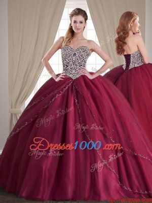 Unique Tulle Sweetheart Sleeveless Brush Train Lace Up Beading Quinceanera Gown in Burgundy