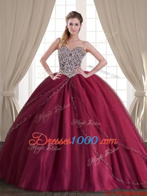 Unique Tulle Sweetheart Sleeveless Brush Train Lace Up Beading Quinceanera Gown in Burgundy