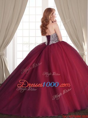 Unique Tulle Sweetheart Sleeveless Brush Train Lace Up Beading Quinceanera Gown in Burgundy