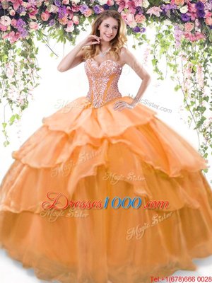 Artistic Orange Lace Up Sweetheart Beading and Ruffled Layers Quinceanera Gown Organza Sleeveless