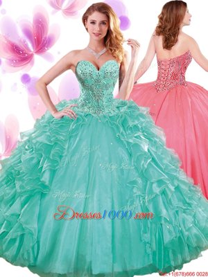 Hot Selling Pick Ups Turquoise Sleeveless Organza Lace Up Quinceanera Dresses for Military Ball and Sweet 16 and Quinceanera