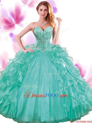 Hot Selling Pick Ups Turquoise Sleeveless Organza Lace Up Quinceanera Dresses for Military Ball and Sweet 16 and Quinceanera