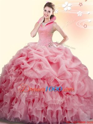 Beading and Ruffles and Pick Ups Quinceanera Dress Watermelon Red Backless Sleeveless Brush Train