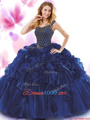 Beauteous Scoop Sleeveless Sweet 16 Dress Floor Length Beading and Ruffles Dark Purple Organza