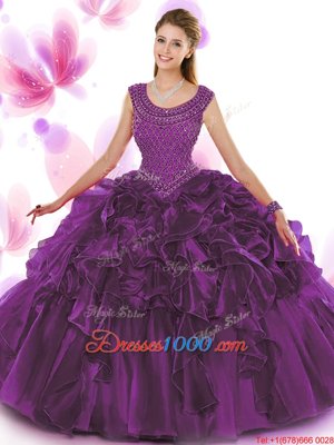 Beauteous Scoop Sleeveless Sweet 16 Dress Floor Length Beading and Ruffles Dark Purple Organza