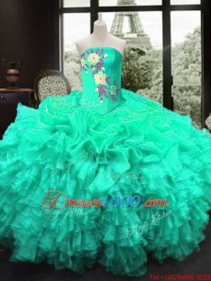 Turquoise Organza Lace Up Strapless Sleeveless Floor Length Sweet 16 Dress Embroidery and Ruffles