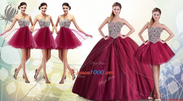 Burgundy Sleeveless With Train Beading Lace Up Quinceanera Gowns