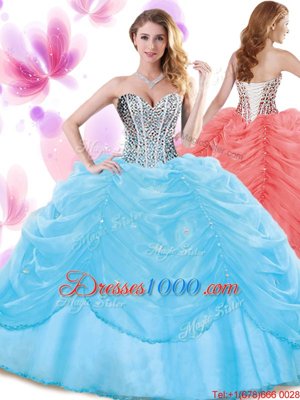 Edgy Baby Blue Ball Gowns Organza Sweetheart Sleeveless Beading and Pick Ups Floor Length Lace Up 15 Quinceanera Dress