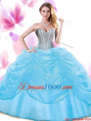 Edgy Baby Blue Ball Gowns Organza Sweetheart Sleeveless Beading and Pick Ups Floor Length Lace Up 15 Quinceanera Dress