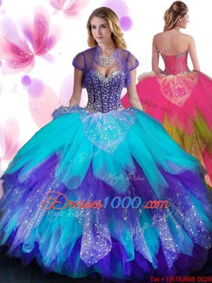 Beading and Ruffled Layers Sweet 16 Dresses Multi-color Lace Up Sleeveless Floor Length