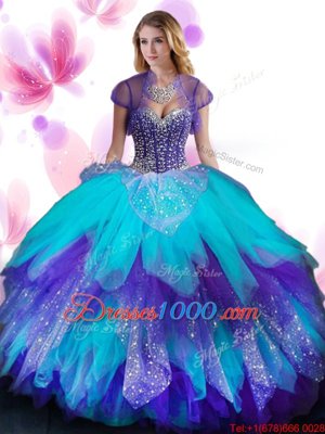 Beading and Ruffled Layers Sweet 16 Dresses Multi-color Lace Up Sleeveless Floor Length