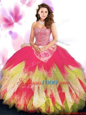 Beautiful Multi-color Sleeveless Floor Length Beading and Ruffled Layers Lace Up Quinceanera Dresses