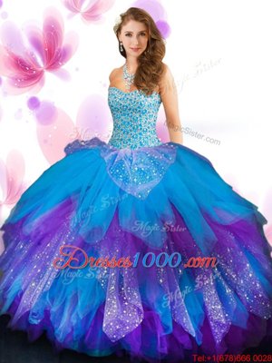 Beautiful Multi-color Sleeveless Floor Length Beading and Ruffled Layers Lace Up Quinceanera Dresses