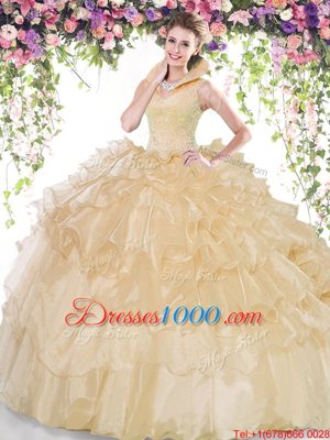 Backless Champagne Sleeveless Beading and Ruffled Layers Floor Length Sweet 16 Dress