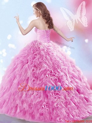 Lovely Tulle Sweetheart Sleeveless Brush Train Lace Up Beading and Ruffles Sweet 16 Dresses in Rose Pink