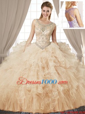 Latest Champagne Ball Gowns Tulle Scoop Sleeveless Beading and Ruffles Floor Length Lace Up Sweet 16 Dress