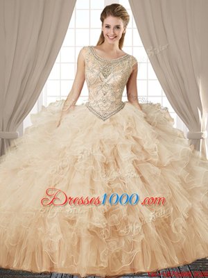 Latest Champagne Ball Gowns Tulle Scoop Sleeveless Beading and Ruffles Floor Length Lace Up Sweet 16 Dress