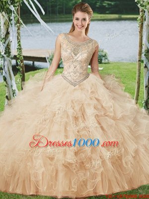 Latest Champagne Ball Gowns Tulle Scoop Sleeveless Beading and Ruffles Floor Length Lace Up Sweet 16 Dress