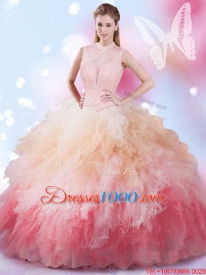 Pretty Multi-color Lace Up Quinceanera Gowns Beading and Ruffles Sleeveless Floor Length