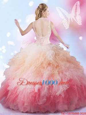 Pretty Multi-color Lace Up Quinceanera Gowns Beading and Ruffles Sleeveless Floor Length