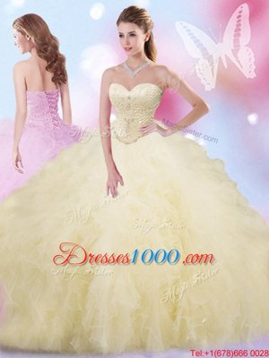 Light Yellow 15th Birthday Dress Military Ball and Sweet 16 and Quinceanera and For with Beading and Ruffles Sweetheart Sleeveless Lace Up