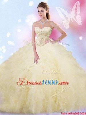 Light Yellow 15th Birthday Dress Military Ball and Sweet 16 and Quinceanera and For with Beading and Ruffles Sweetheart Sleeveless Lace Up