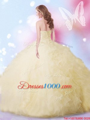 Light Yellow 15th Birthday Dress Military Ball and Sweet 16 and Quinceanera and For with Beading and Ruffles Sweetheart Sleeveless Lace Up