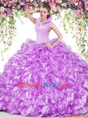 Smart Backless Lilac Sleeveless Beading and Ruffles Floor Length Sweet 16 Dress