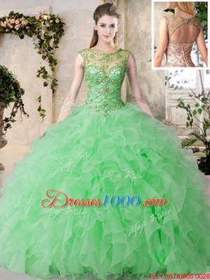 Cute Scoop Sleeveless Organza Floor Length Lace Up Quinceanera Gowns in Green for with Beading and Ruffles