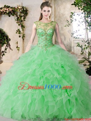 Cute Scoop Sleeveless Organza Floor Length Lace Up Quinceanera Gowns in Green for with Beading and Ruffles