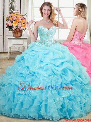 Four Piece Sweetheart Sleeveless Organza Quince Ball Gowns Beading and Ruffles and Pick Ups Lace Up