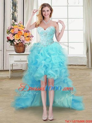 Four Piece Sweetheart Sleeveless Organza Quince Ball Gowns Beading and Ruffles and Pick Ups Lace Up