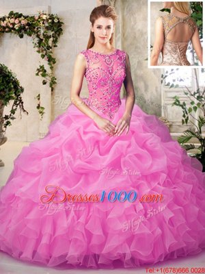 Beautiful Scoop Rose Pink Lace Up Quinceanera Dress Beading and Ruffles and Pick Ups Sleeveless Floor Length