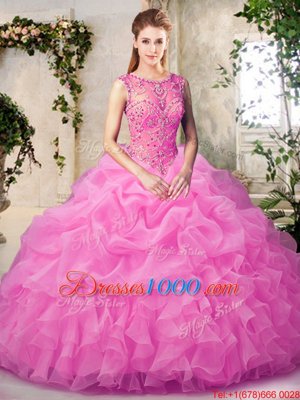 Beautiful Scoop Rose Pink Lace Up Quinceanera Dress Beading and Ruffles and Pick Ups Sleeveless Floor Length