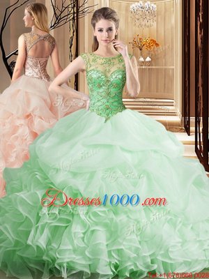 Top Selling Organza Scoop Sleeveless Brush Train Lace Up Beading and Ruffles and Pick Ups Quince Ball Gowns in Apple Green
