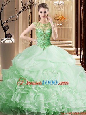 Top Selling Organza Scoop Sleeveless Brush Train Lace Up Beading and Ruffles and Pick Ups Quince Ball Gowns in Apple Green