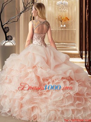 Top Selling Organza Scoop Sleeveless Brush Train Lace Up Beading and Ruffles and Pick Ups Quince Ball Gowns in Apple Green