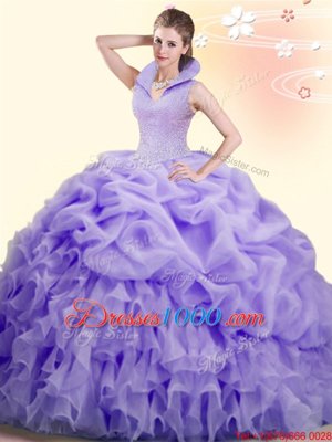 Lavender Ball Gowns High-neck Sleeveless Organza Brush Train Backless Beading and Ruffles and Pick Ups Quinceanera Gown