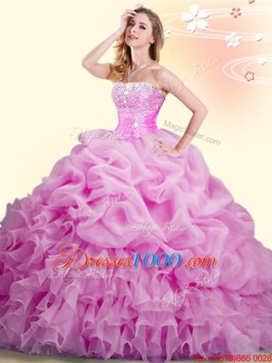 Luxury Pick Ups Lilac Sleeveless Organza Brush Train Lace Up 15 Quinceanera Dress for Military Ball and Sweet 16 and Quinceanera